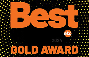 Best etc 2024 Gold Award badge with bold orange text on a black background with yellow dotted pattern