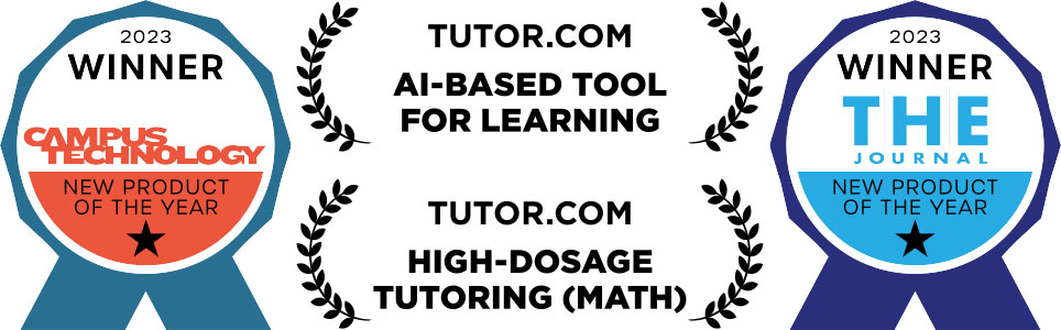 2024 awards banners for Tutor.com as Campus Technology and THE Journal winners for new product of the year