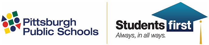 A logo of Pittsburgh Public Schools with the words &ldquo;Students first&rdquo; and &ldquo;Always, in all ways&rdquo;