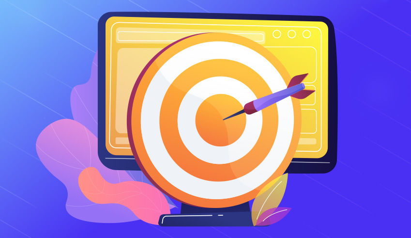 Graphic of a dart hitting the bullseye on a target overlaying a computer monitor.